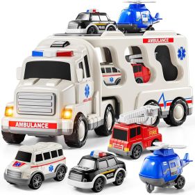 5-in 1 Play Ambulance Toy Vehicle Toddler Truck Toys for 3 4 5 6 7 Year Old Boys - Friction Powered Cars with Light and Sound, Police Car, Fire T